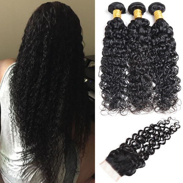 Mongolian Virgin Hair Bundles with Closure 130% Density Natural Wave Remy Human Hair Weaves Unprocessed Mongolian Water Wave Hair Products