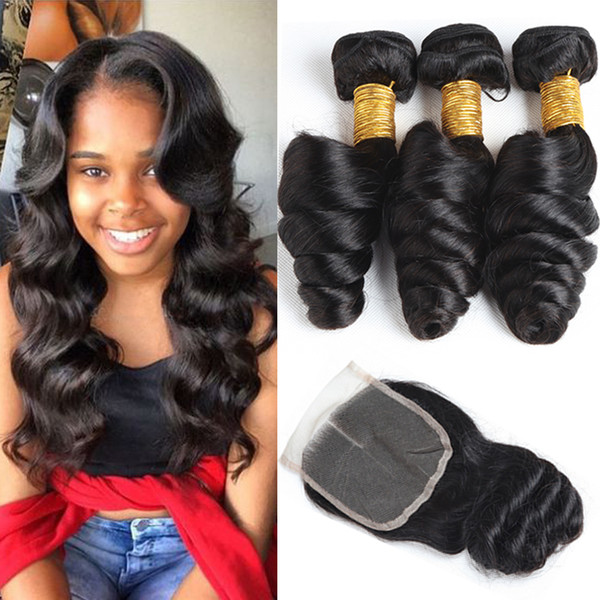 Softmoon Hair Products Brazilian Virgin Hair 3 Bundles With Closure Loose Curly Brazilian Loose Wave With Closure 4Pcs Human Hair Weaves