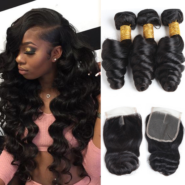 7A Brazilian Loose Wave Human Hair Extensions with Closure 4X4 Top Swiss Lace Closure with Hair Bundles Natural Black Softmoon Hair Products