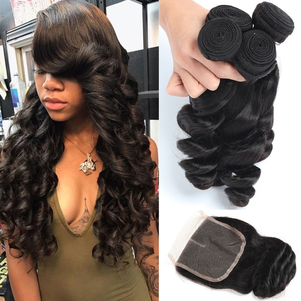 Loose Wave Peruvian Human Hair Bundles with Closure Peruvian Virgin Hair Extensions Can Be Straightened and Curled Nice Texture Loose Wave