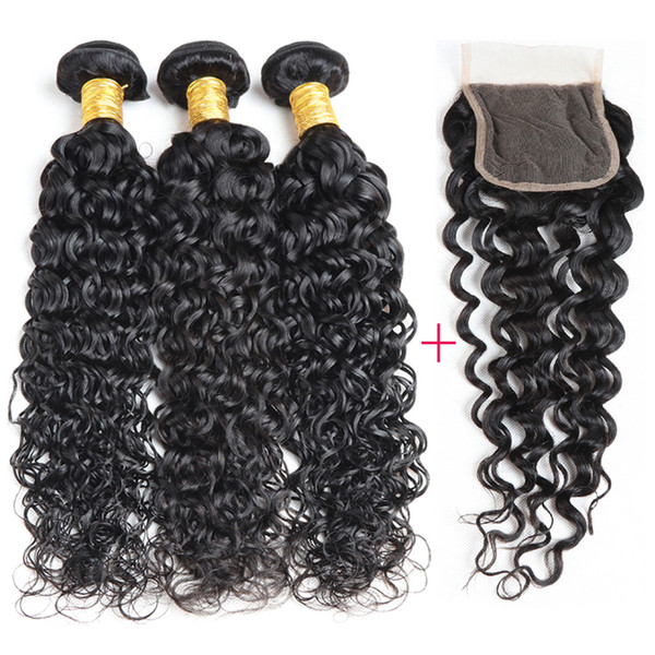 Water Wave Malaysian Virgin Hair with Closure 100% Unprocessed Human Hair Bundles Wet and Wavy Virgin Malaysian Hair with Lace Closure