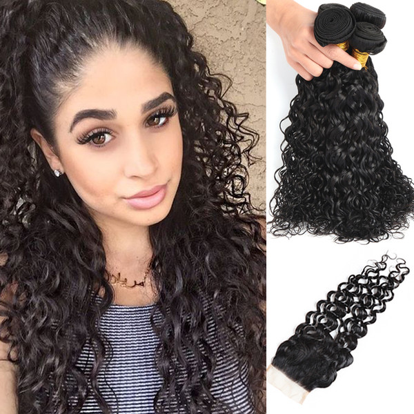 Cambodian Hair with Lace Closure 4x4 Water Wave Human Hair Extension 7A Virgin Unprocessed Human Hair Weaves Closure Free Part No Shedding