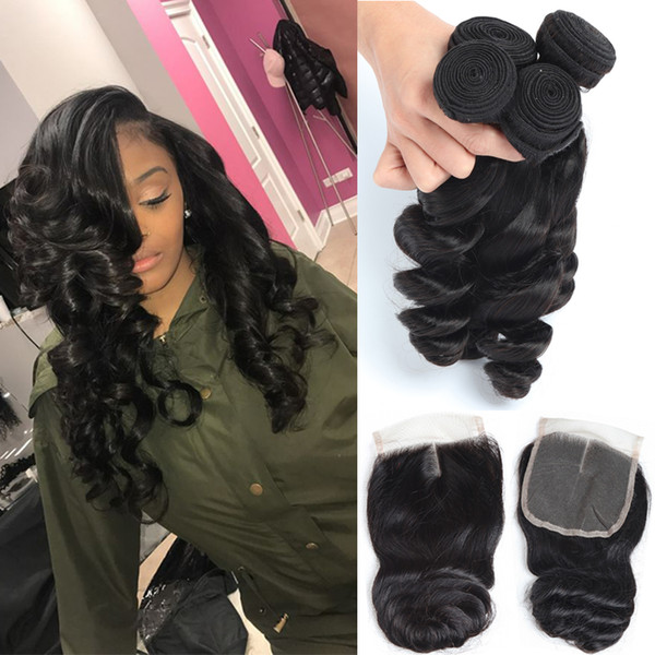 Malaysian Loose Wave Human Hair with Closure 3 Bundles with Lace Closure 4x4 Malaysian Virgin Hair Weaves Closure add Bundles Loose Wave