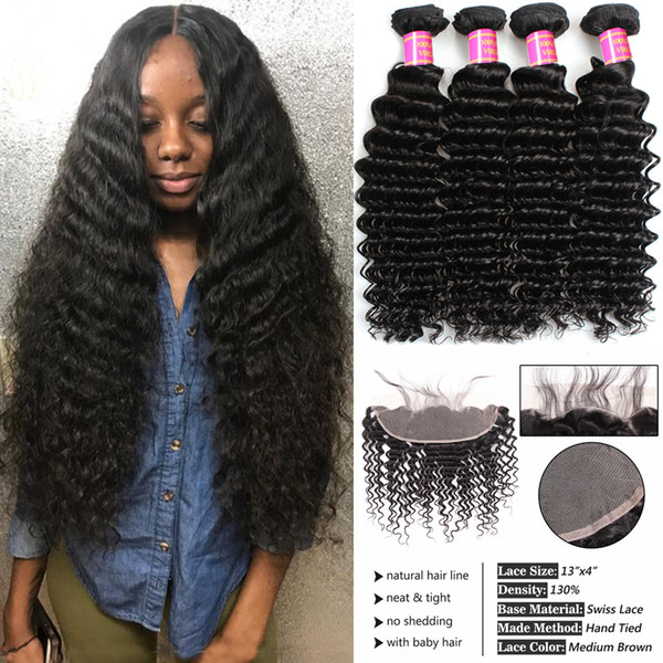 8A Unprocessed Brazilian Virgin Hair with Closure Deep Wave Human Hair Weft with 13x4 Lace Frontal Closure with Baby Hair Deep Curly Wavy