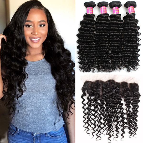 Brazilian Hair Bundles Deep Wave Human Hair Weft with Closure 13x4 Lace Frontal with Bundles 4Pcs 100% Virgin Human Hair Weaves with Closure