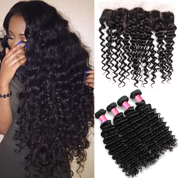 Brazilian Virgin Bundles with Closure Deep Wave Curly Hair Weft Human Hair Peruvian Indian Malaysian Hair Extensions with 13x4 Lace Closure