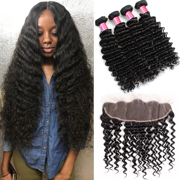 Peruvian Virgin Hair Bundles with Closure Deep Curly Wave Human Hair with Lace Frontal Closure 13x4 Ear to Ear 100% Virgin Peruvian Hair