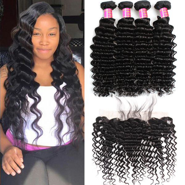 Unprocessed Brazilian Virgin Hair Lace Frontal with Bundle Deep Wave Human Hair Weaves Closure 100% Virgin Human Hair Weft with Closure