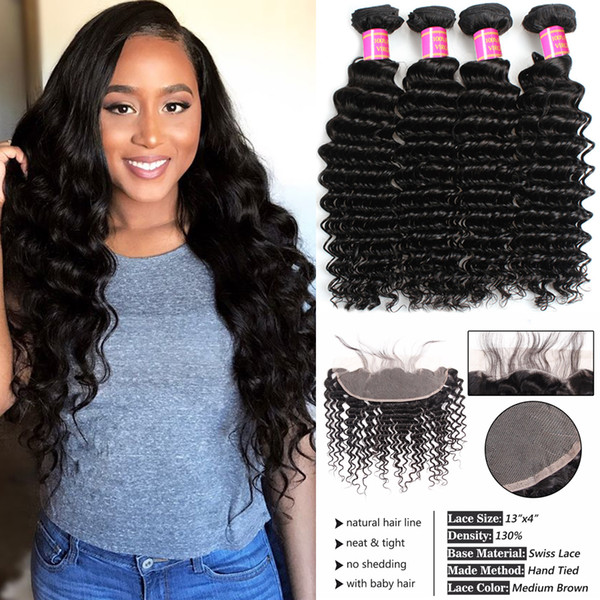 Brazilian Virgin Hair Deep Wave Frontal with Bundles 7A Grade Human Hair Bundles with 13x4 Lace Frontal Deep Wave Hair Products Wholesale