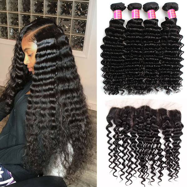 Peruvian Deep Wave Bundles With 13x4 Closure Ear to Ear Deep Curly Hair Lace Frontal With Bundles Indian Brazilian Virgin Human Hair Weaves