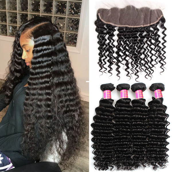 8A Brazilian Virgin Hair with Frontal Deep Wave Human Hair with Lace Frontal Closure Deep Curly Human Hair 3 Bundles with 13x4 Closure