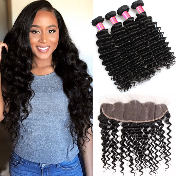 Ear To Ear Frontal Closure With Hair Bundles Deep Wave Brazilian Virgin Hair Weaves Bundles With 13x4 Lace Closure Frontal