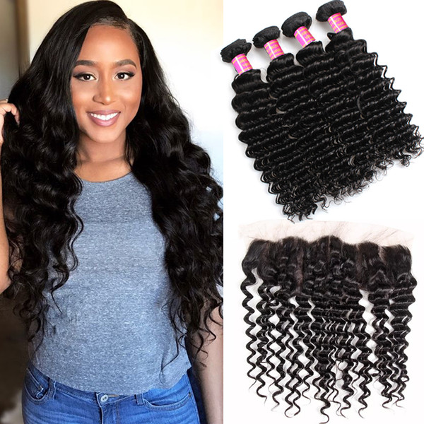 Softmoon Peruvian Deep Wave 13x4 Lace Frontal with Bundles 100% Virgin Unprocessed Peruvian Hair Bundles with Closure Ear to Ear Free Part