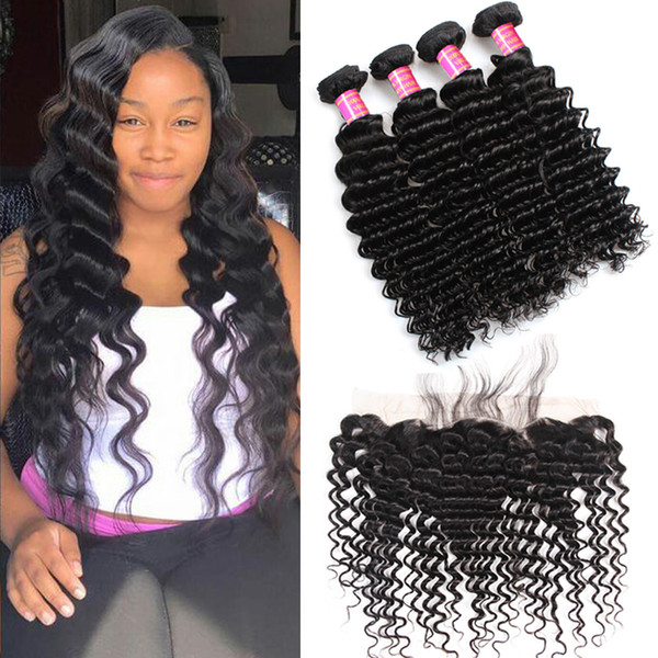 Malaysian Virgin Human Hair Deep Wave With Lace Frontal 3 Bundles With 13x4 Ear to Ear Lace Frontal Closure 100% Unprocessed Hair Weave