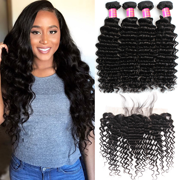 13x4 Lace Frontal With 3 Bundles Deep Curly Wave Human Hair With Frontal Mongolian Indian Malaysian Brazilian Hair With Lace Frontal Closure