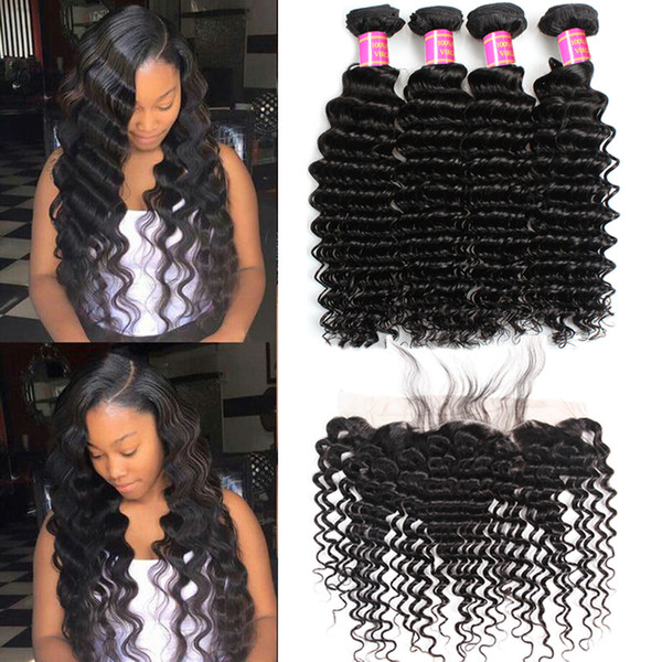 Lace Frontal With Bundles Malaysian Peruvian Indian Brazilian Virgin Hair Bundles With 13x4 Closure Unprocessed Human Hair Deep Wave Bundles