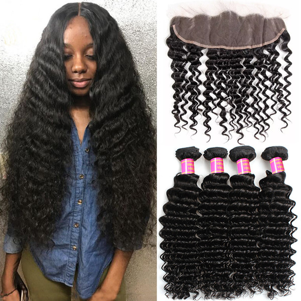 Brazilian Deep Curly Lace Frontal Closure With 3 Bundles Hair Deep Wave Indian Peruvian Virgin Human Hair Closure 13X4 From Ear To Ear