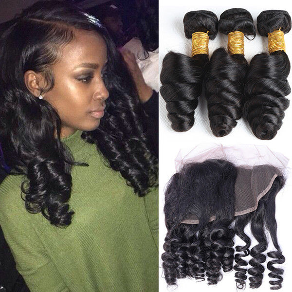 13X4 Full Lace Frontal With 3 Bundles Peruvian Human Hair Loose Wave Curly Virgin Peruvian Indian Malaysian Human Hair Weaves Closures