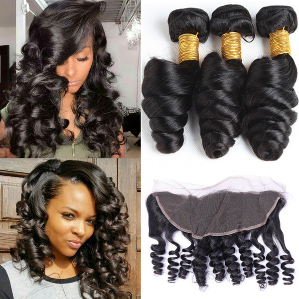 Human Hair Weft With Frontal 7A Brazilian Unprocessed Virgin Hair Loose Wave 13X4 Ear to Ear Lace Closure With 3 Hair Bundles DHL