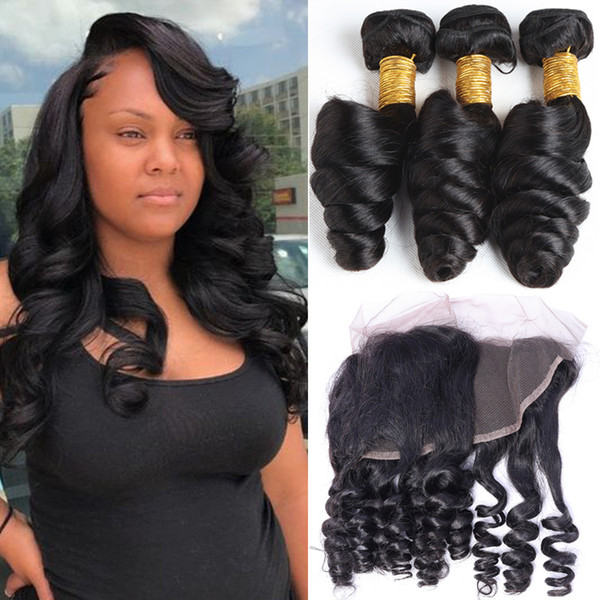 13x4 Ear to Ear Lace Frontal Closure With 3 Bundles Malaysian Loose Wave Curly Virgin Peruvian Indian Malaysian Human Hair Weaves Closures