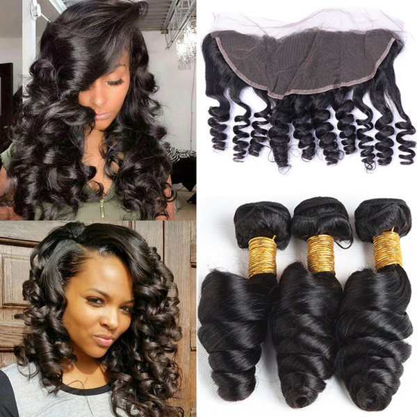 8A Peruvian Loose Wave Human Hair 3 Bundles With Frontal Peruvian Virgin Hair Bundles Loose Curly Weave Hair Bundles with Lace Frontal