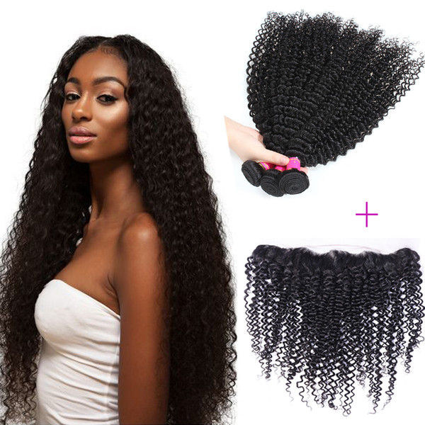 Malaysian Kinky Curly Hair Weft With Closure Unprocessed 13x4 Lace Frontal With Hair Bundles 8A Malaysian Kinky Curly Human Hair Extension