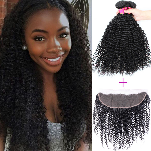 8A Hair Products Unprocessed Brazilian Virgin Human Hair 13x4 Ear to Ear Lace Frontal with 3 Bundles and Human Curly Hair Weaves Closure