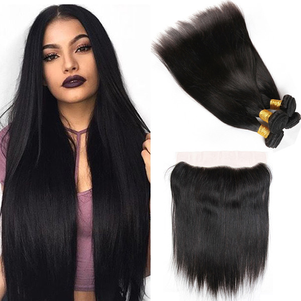 Brazilian Hair Straight Weaves Human Hair with 13x4 Lace Frontal 8A Brazilian Virgin Straight Hair with Lace Closure 3 Bundles with Frontal