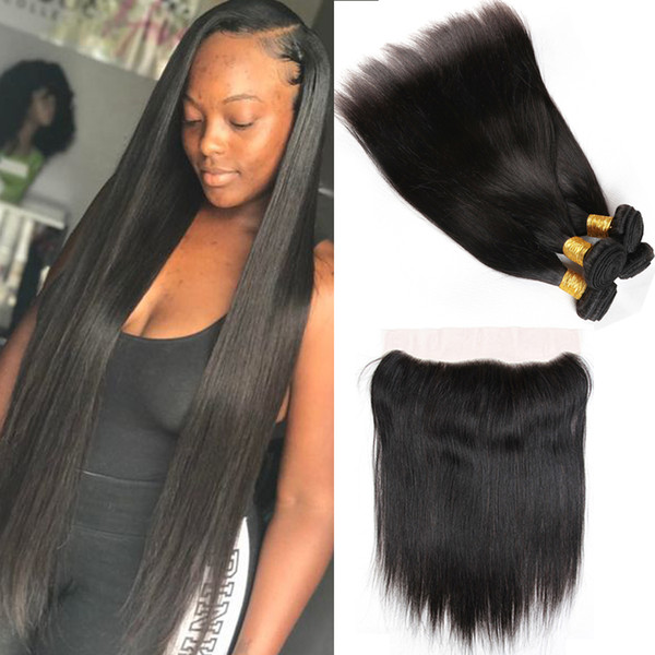 Peruvian Straight Hair with 13x4 Lace Closure 100% Virgin Unprocessed Human Hair Extensions 8A Peruvian Virgin Straight Hair with Frontal