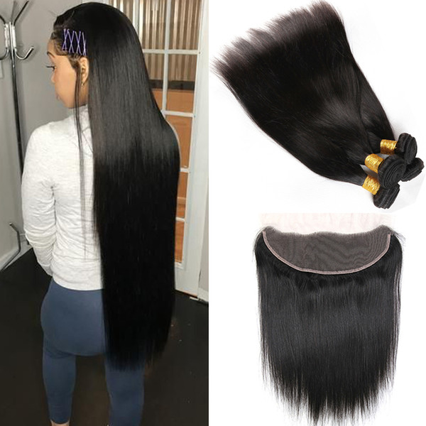 Peruvian Virgin Human Hair Bundles with Lace Closure 13x4 Ear to Ear Straight Hair Wefts with Frontal Natural Black Peruvian Straight Hair