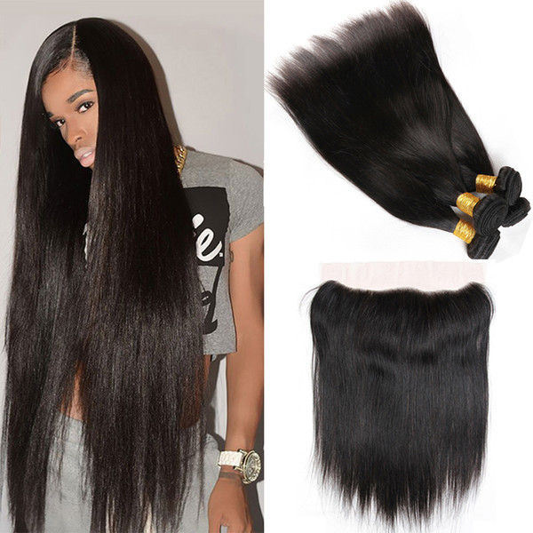 Peruvian Human Hair Lace Closure with Hair Bundles Virgin Straight Hair Extensions with 13x4 Lace Frontal Free Part 8-20inch In Stock