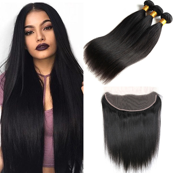 Malaysian Straight Hair with Closure Virgin Unprocessed Straight Human Hair with Lace Frontal 3 Bundles Human Hair Wefts with 13x4 Frontal