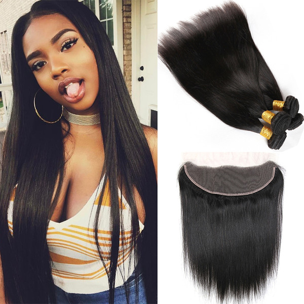 13x4 Full Lace Frontal Ear to Ear with Human Hair Bundles Straight Virgin Brazilian Straight Hair with Lace Closure Unprocessed Human Hair