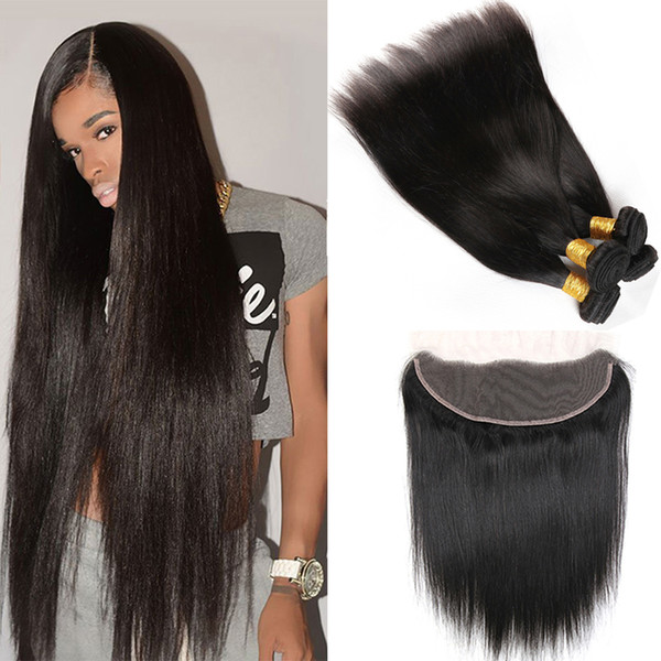 Peruvian Straight Virgin Hair with Closure 13x4 Free Part Lace Frontal with Human Hair Wefts 3 Bundles Peruvian Virgin Hair with Frontal