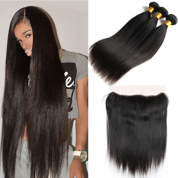 Peruvian Hair With Closure Virgin Straight Hair Bundles With 13*4 Lace Frontal 100% Unprocessed Virgin Brazilian Peruvian Human Hair Weaves