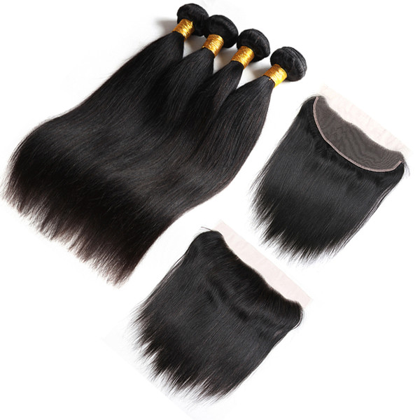 8A Brazilian Virgin Straight Hair with 13x4 Lace Frontal 100% Virgin Peruvian Malaysian Human Hair Lace Closure with Straight Hair Wefts