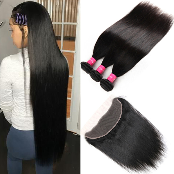 8A Brazilian Virgin Straight Human Hair Bundles with Lace Frontal Closure 13x4 Ear to Ear Lace Frontal Free Part 3 Bundles with Frontal