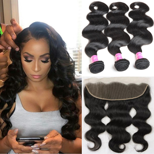 Brazilian Virgin Human Hair Body Wave With Lace Frontal Closure 3 Bundles With 13x4 Ear to Ear Lace Frontal Closure Weaves Closure