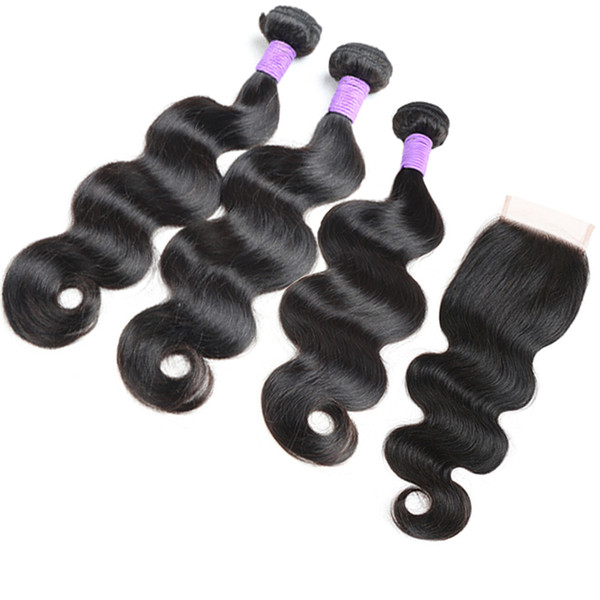 Brazilian Body Wave Virgin Hair Weave With Closure Straight 8A Grade 3 Bundles Unprocessed Brazilian Human Hair Weave Add Lace Closures