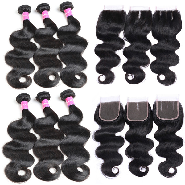 Brazilian Body Wave Hair with Lace Closure Free Three Part 100% Virgin Unprocessed Human Hair Bundles Add 4X4 Lace Closure Natural Hairline