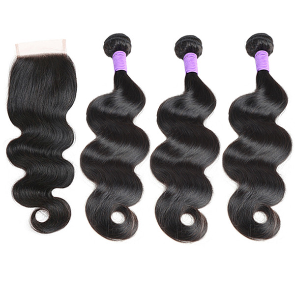 Brazilian Body Wave Bundle With 4X4 Lace Closure Unprocessed Brazilian Virgin Human Hair Weave 3 Bundles With Closure 4 Pieces Lot Wholesale