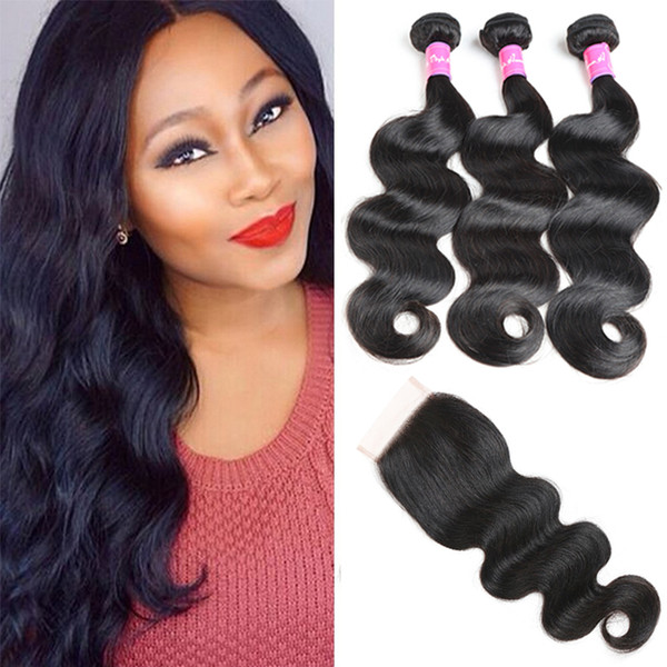 7A Brazilian Peruvian Indian Malaysian Hair 3 Bundles With Lace Closure Unprocessed Remy Human Hair Weave Brazilian Body Wave Virgin Hair