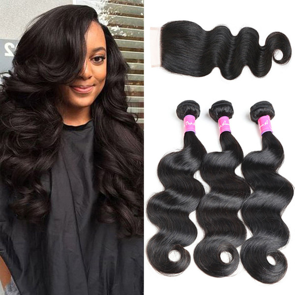 Brazilian Body Wave 3 Bundle Deals With Lace Closure Hair Weave 100% Human Hair 8-30 Inch Remy Hair Extension Machine Double Weft Natural