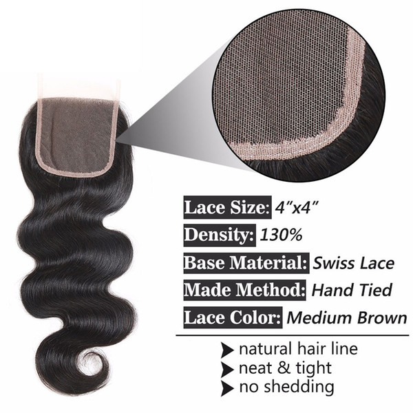 Brazilian Virgin Hair Body Weaves Human Hair Lace Closure 1 Piece 4x4 Swiss Lace Closure Pure Hand 130% Density Medium Brown Lace