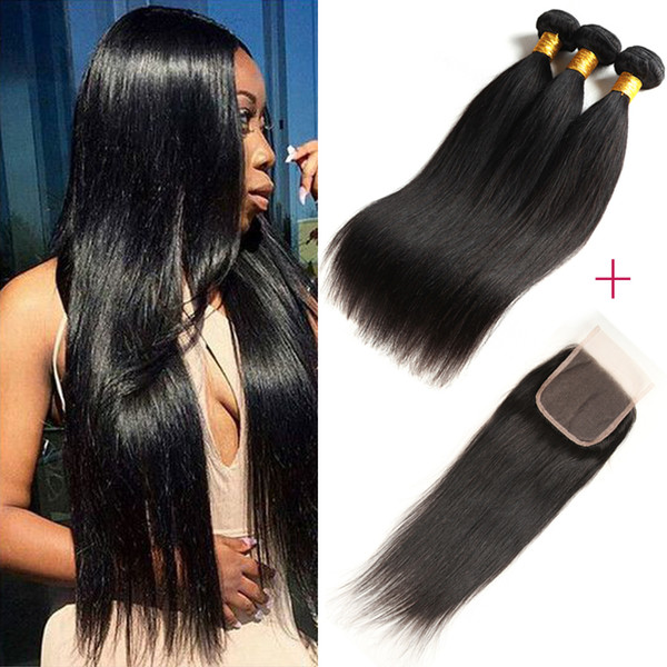 Brazilian Virgin Hair Straight Human Hair Bundles With Closure Free Part 4 Pieces a Lot 100% Virgin Straight Human Hair Weaves Closure