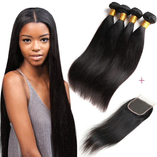 Brazilian Virgin Hair Bundles 3/4 Pcs Straight Hair with Lace Closure 8A Unprocessed Virgin Hair Straight with Lace Closure Natural Black