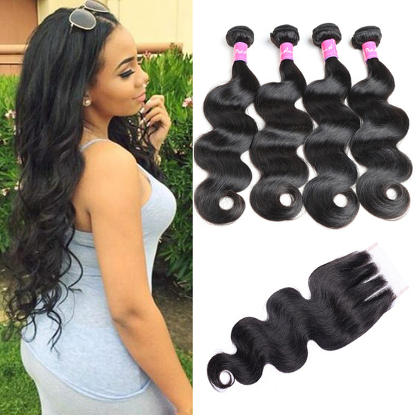 Brazilian Body Wave 3 Bundles Remy Human Hair with Closure 4 Pcs a Lot Mink Brazilian Hair Weave Bundles with Closure Tangle Free