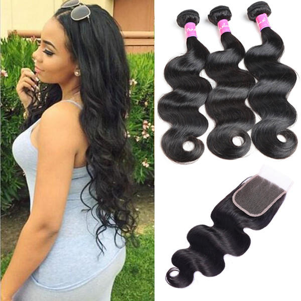 Unprocessed Virgin Brazilian Hair Body Wave Human Hair Bundle Lace Closure 4Pcs a Lot Brazilian Virgin Hair Extension with Closure