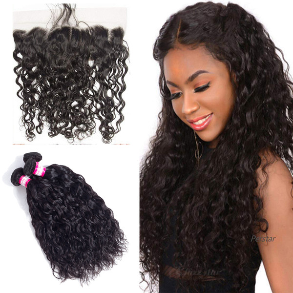 Water Wave Hair Bundles with 13x4 Lace Frontal Closure Peruvian Virgin Hair 3 Bundles and Full Lace Frontals Closure with Baby Hair