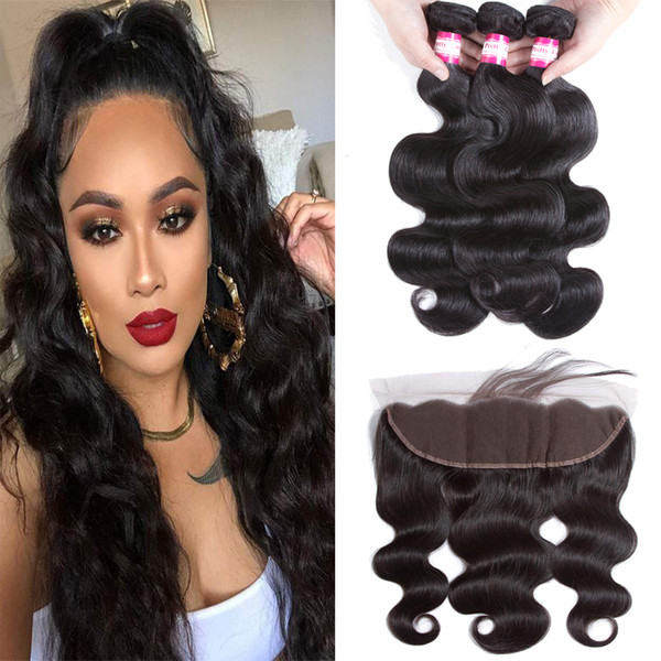 13x4 Full Lace Frontal Closure With 3 Bundles Brazilian Virgin Human Hair Weaves Body Wave Peruvian Indian Malaysian Cambodian Wavy Remy Hai